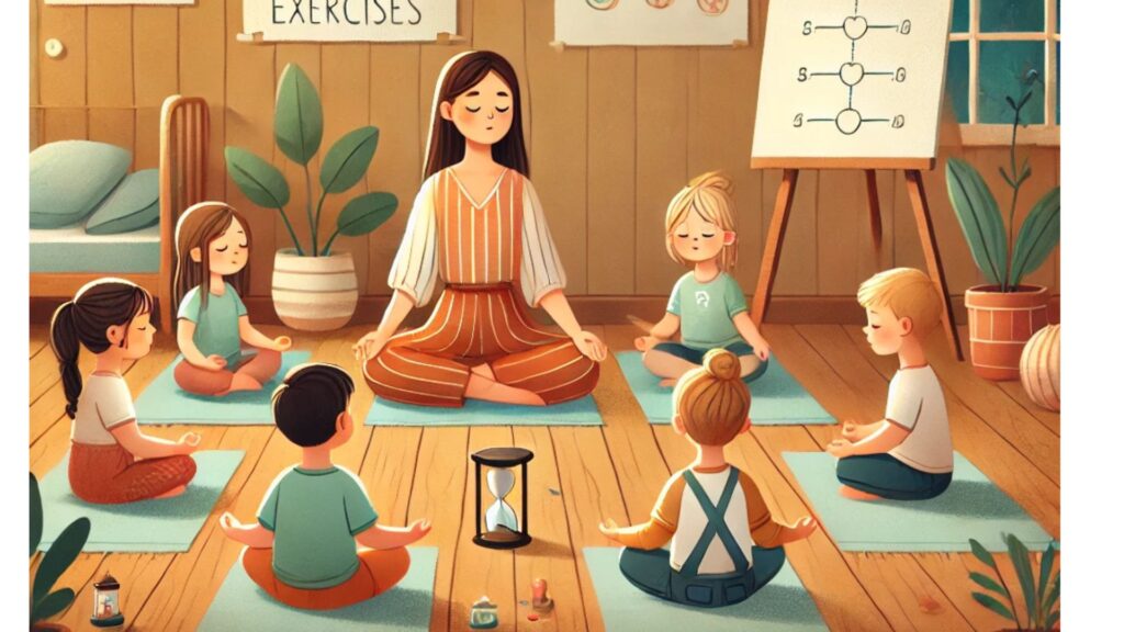 Niños haciendo ejercicios de relajación y mindfullness con su profesora