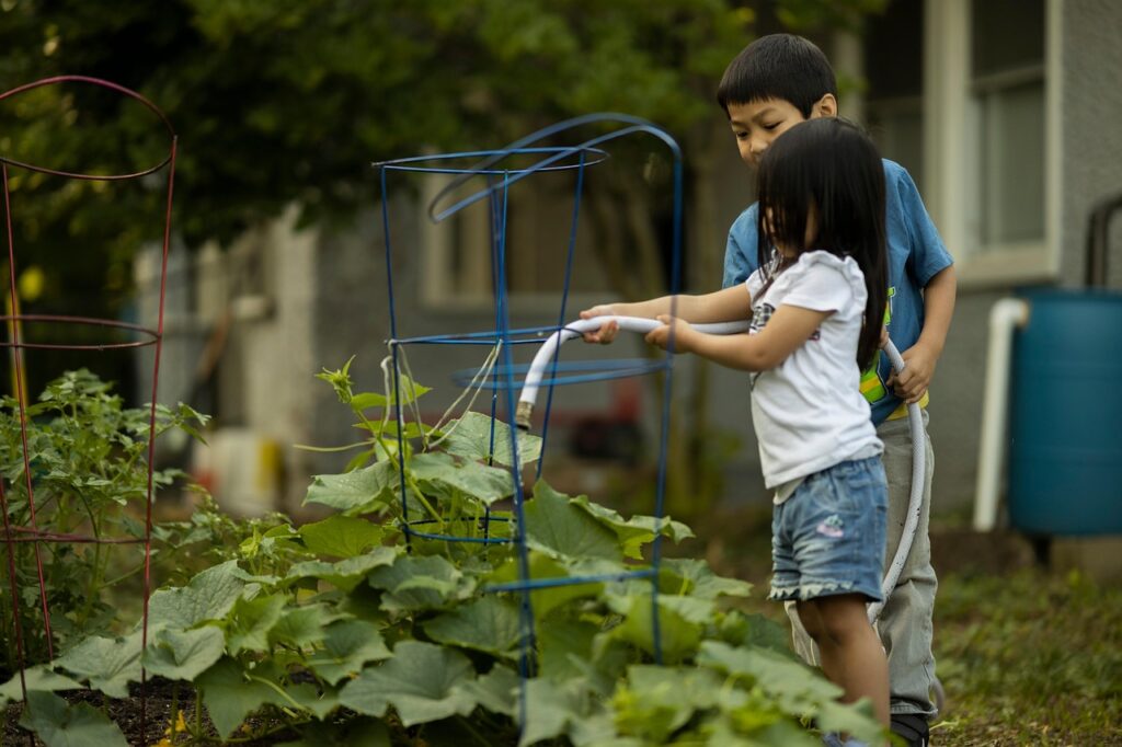 Niños cuidando un huerto